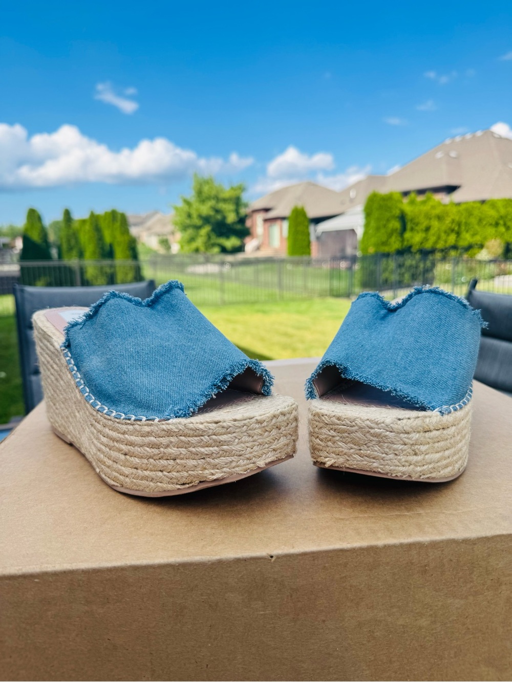 Aqua Blue Denim Frayed Espadrille Wedge Slides